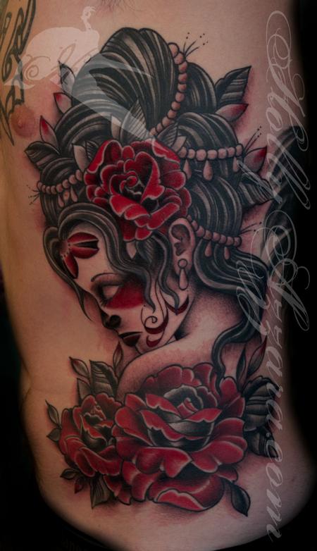 Traditional Day Of Dead Girl with Red Roses Tattoo Design Thumbnail